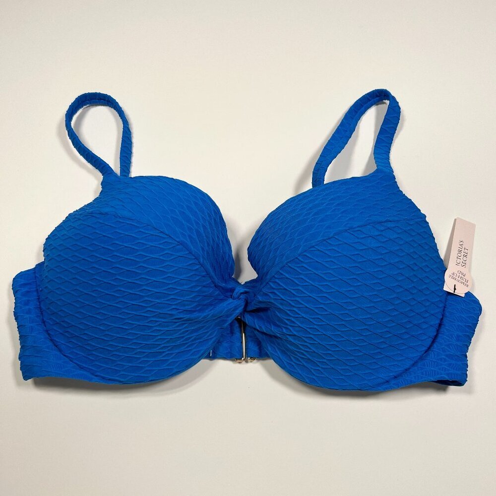 Victoria Secret 32D TWIST FRONT Push Up Bikini Top Underwire Textured Blue